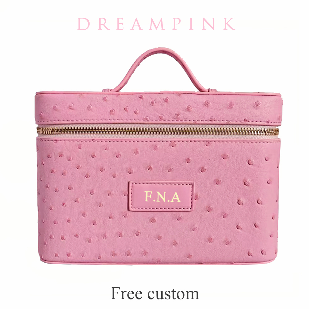 Luxury Skincare Box - 高級ダチョウモックレザー女性用メイクアップバニティバッグ、カスタムネーム入り大容量コスメオーガナイザーボックス、ハンドル付きトラベルトイレタリーバッグ