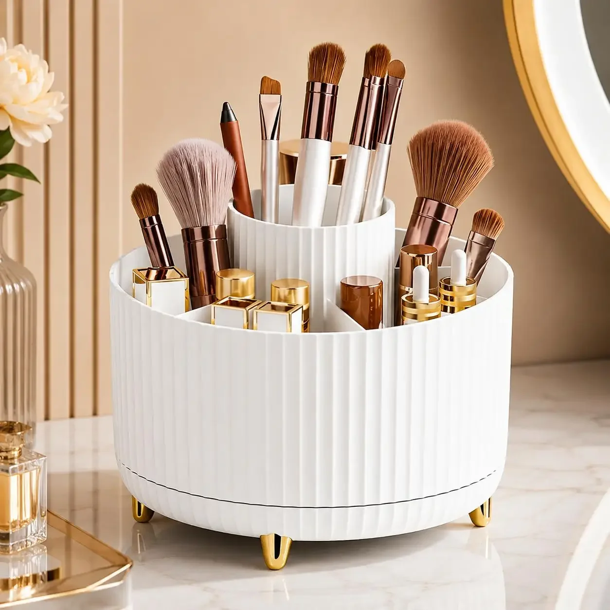 360度回転式メイクアップオーガナイザー 高級ストライプコス - Luxury Skincare Box のレビューと価格